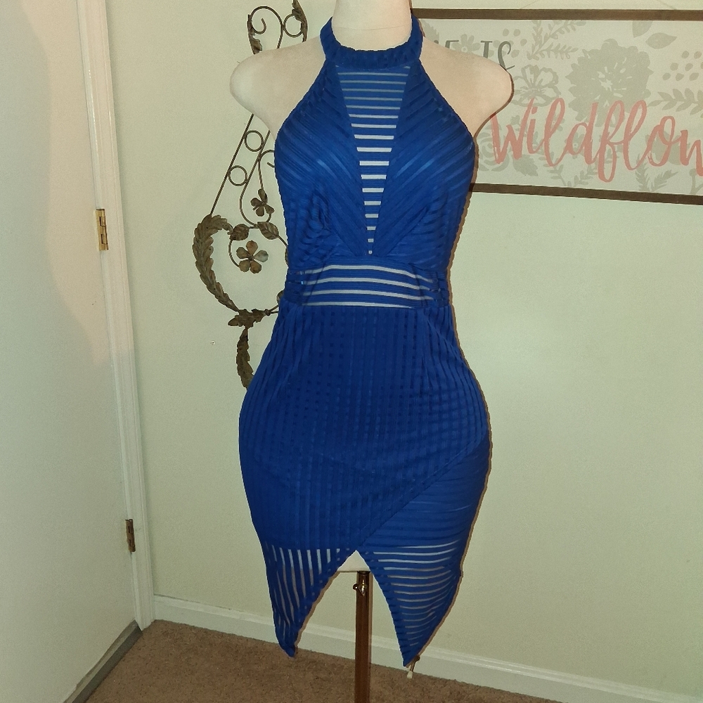 Luxxel Royal Blue Asymmetrical Halter Dress